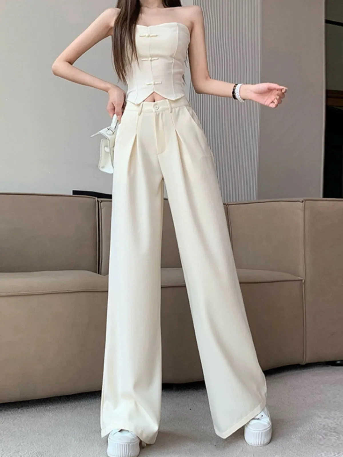 A complete set of new Chinese-style buckle irregular tube top and drapey wide-leg pants two-piece suit for summer wear for women