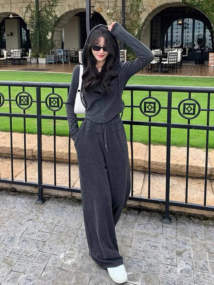 American fishbone hooded sweatshirt suit for women, spring and autumn 2023 new fashion casual wide-leg pants two-piece set with 