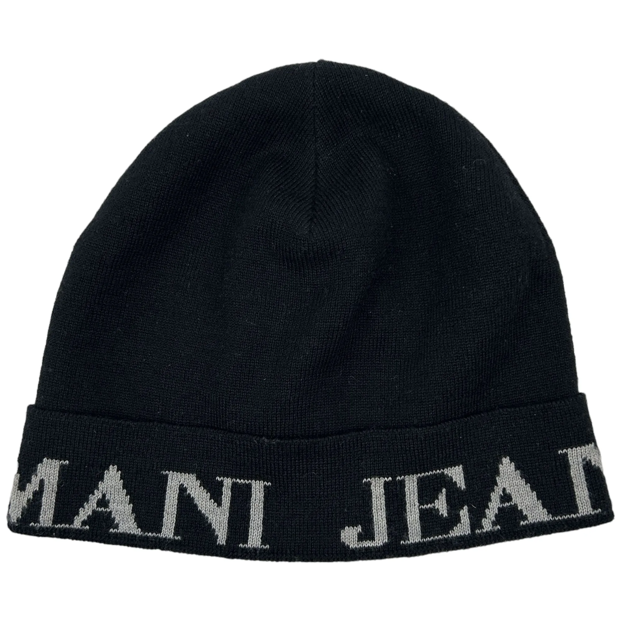 Armani Jeans Beanie Black Logo Knit Cap Unisex Wool Acrylic | Second Wave Vintage