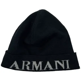 Armani Jeans Beanie Black Logo Knit Cap Unisex Wool Acrylic | Second Wave Vintage