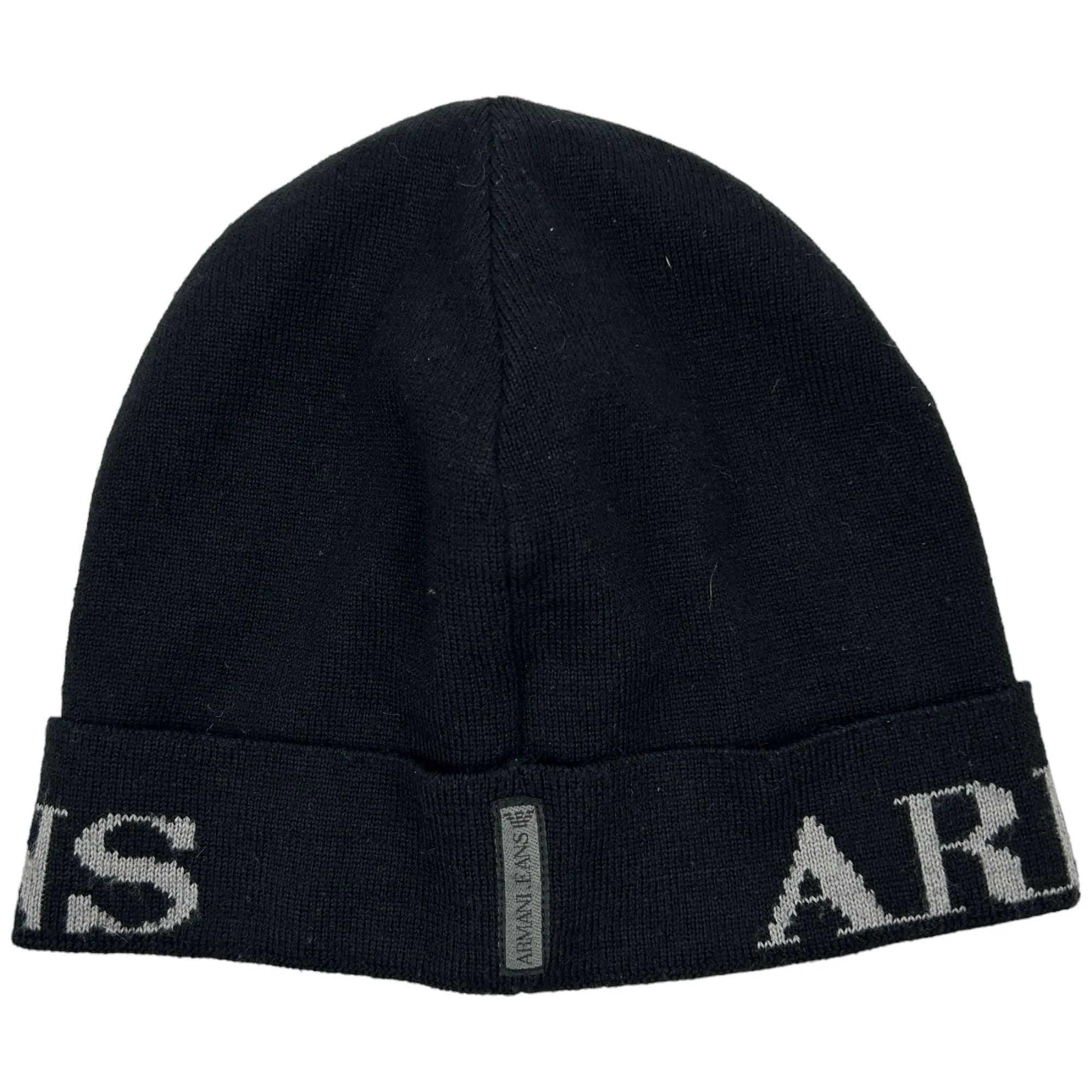 Armani Jeans Beanie Black Logo Knit Cap Unisex Wool Acrylic | Second Wave Vintage