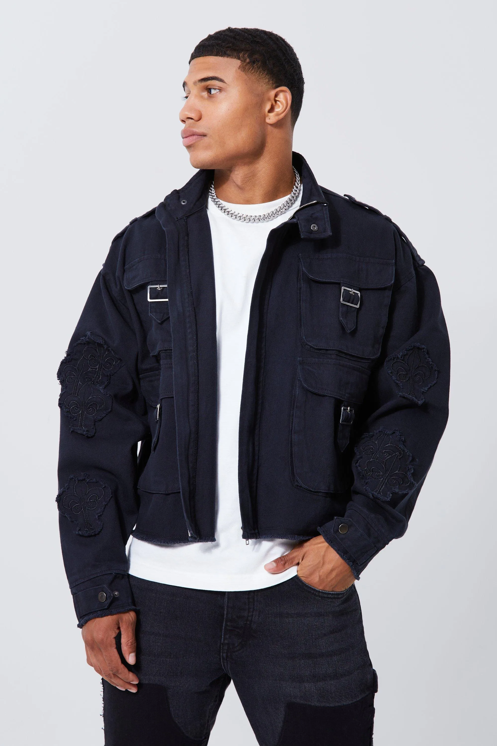 Boxy Distressed Cross Applique Twill Jacket