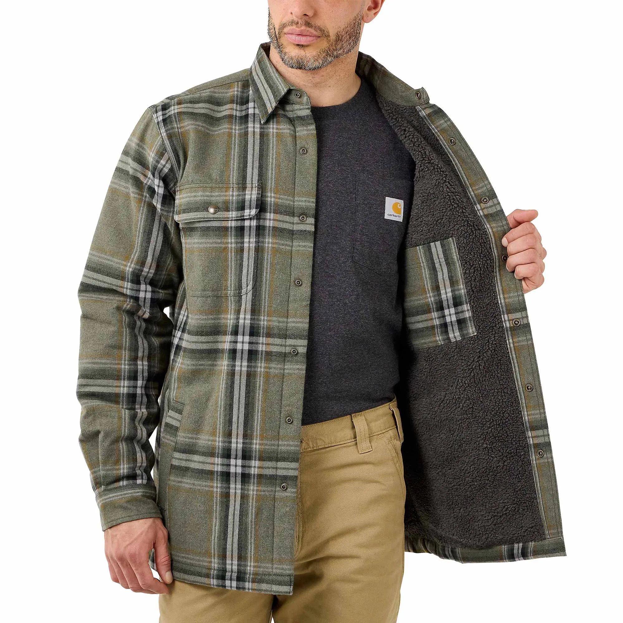 Carhartt 105430 Heavyweight Sherpa Lined Flannel Shirt Jacket Basil Green Medium