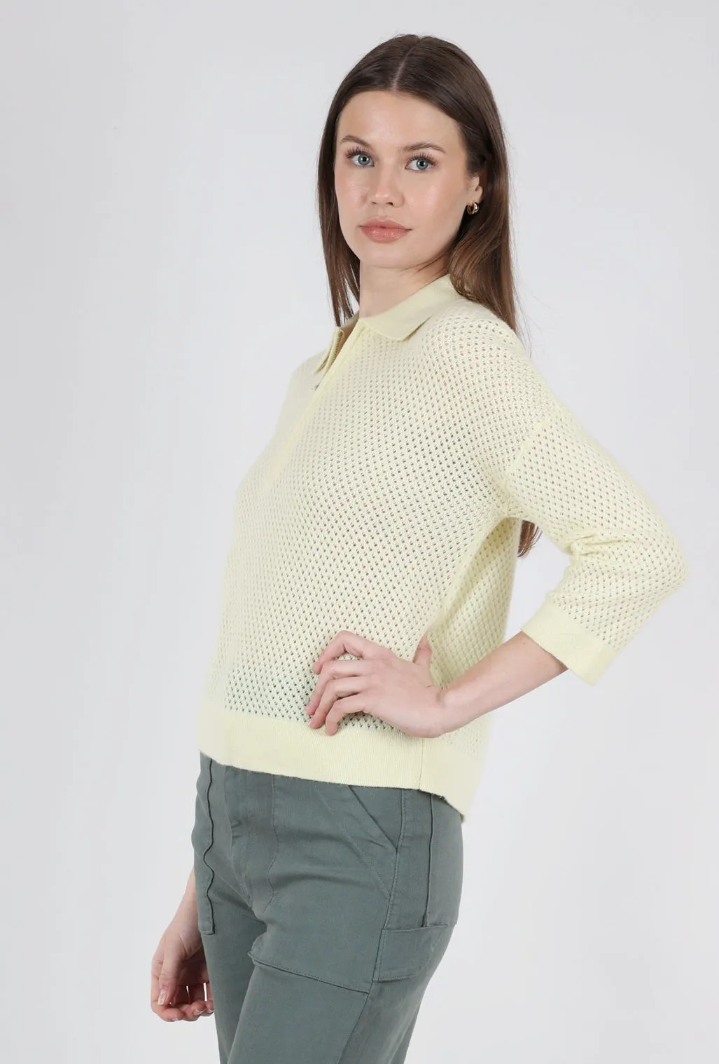 Cashmere Mesh Zip Polo, Lemonade