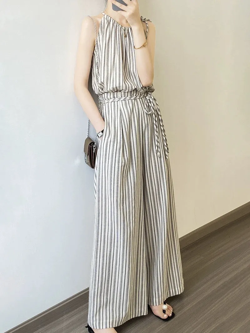 Casual suit for women in summer, age-reducing fashion, high-end striped halterneck camisole top, wide-leg pants two-piece set