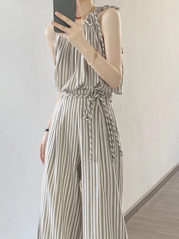 Casual suit for women in summer, age-reducing fashion, high-end striped halterneck camisole top, wide-leg pants two-piece set