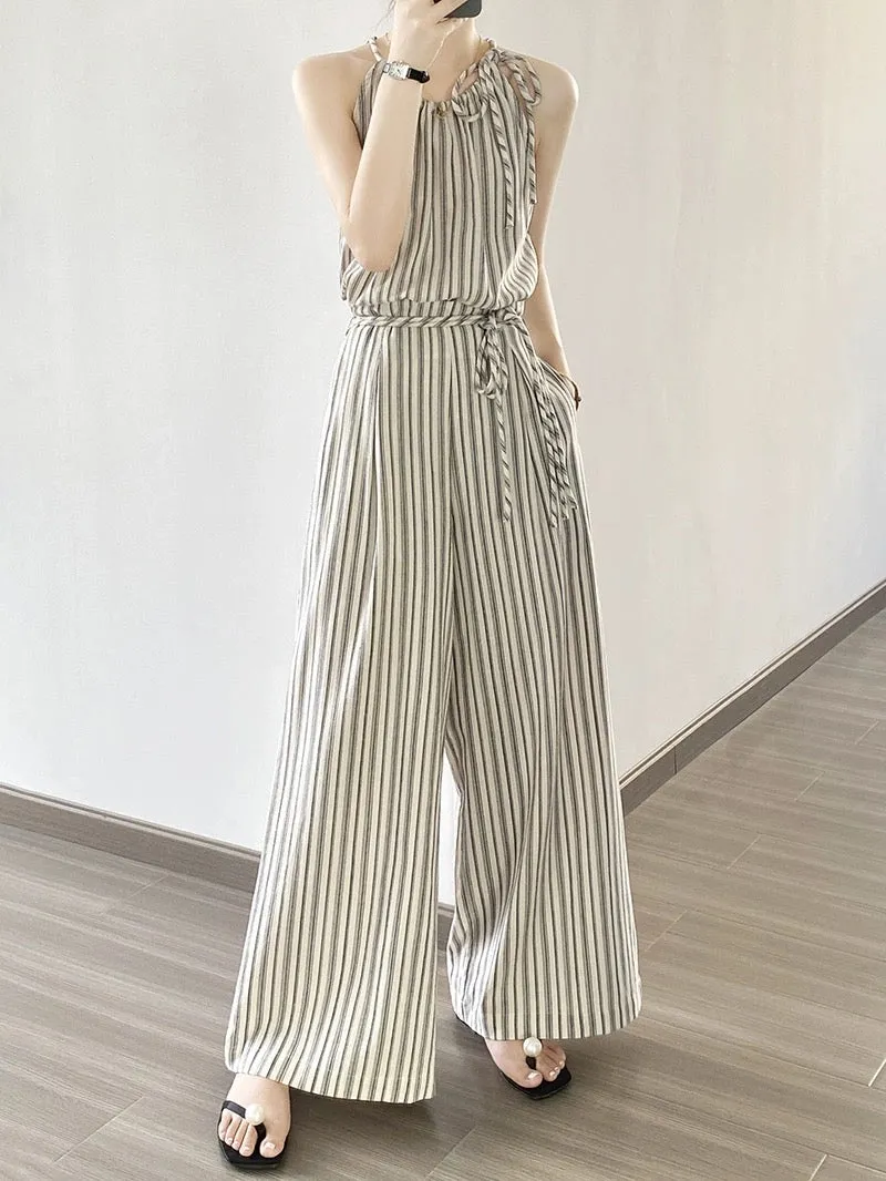 Casual suit for women in summer, age-reducing fashion, high-end striped halterneck camisole top, wide-leg pants two-piece set