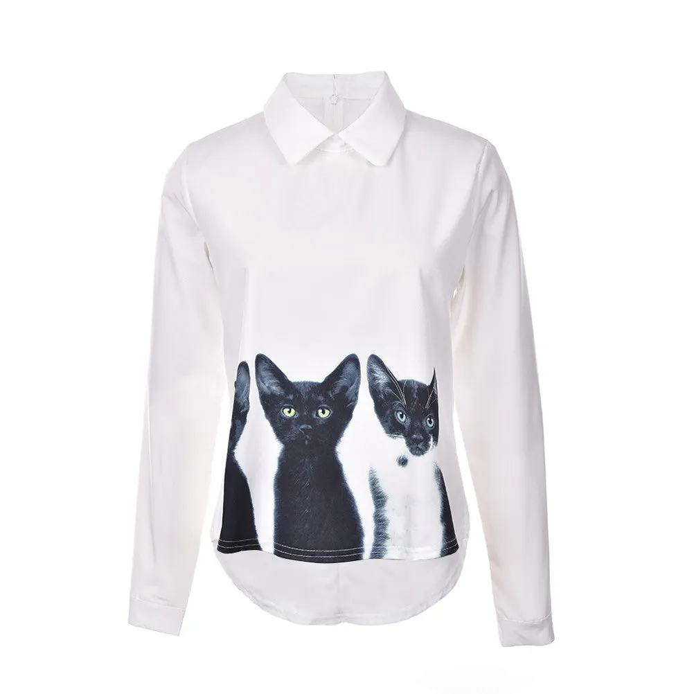 Cats Printed Pullover Shirts Long Sleeve Casual Women Korean White Blouse SM6