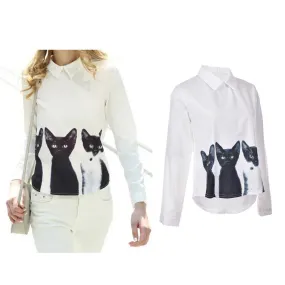 Cats Printed Pullover Shirts Long Sleeve Casual Women Korean White Blouse SM6