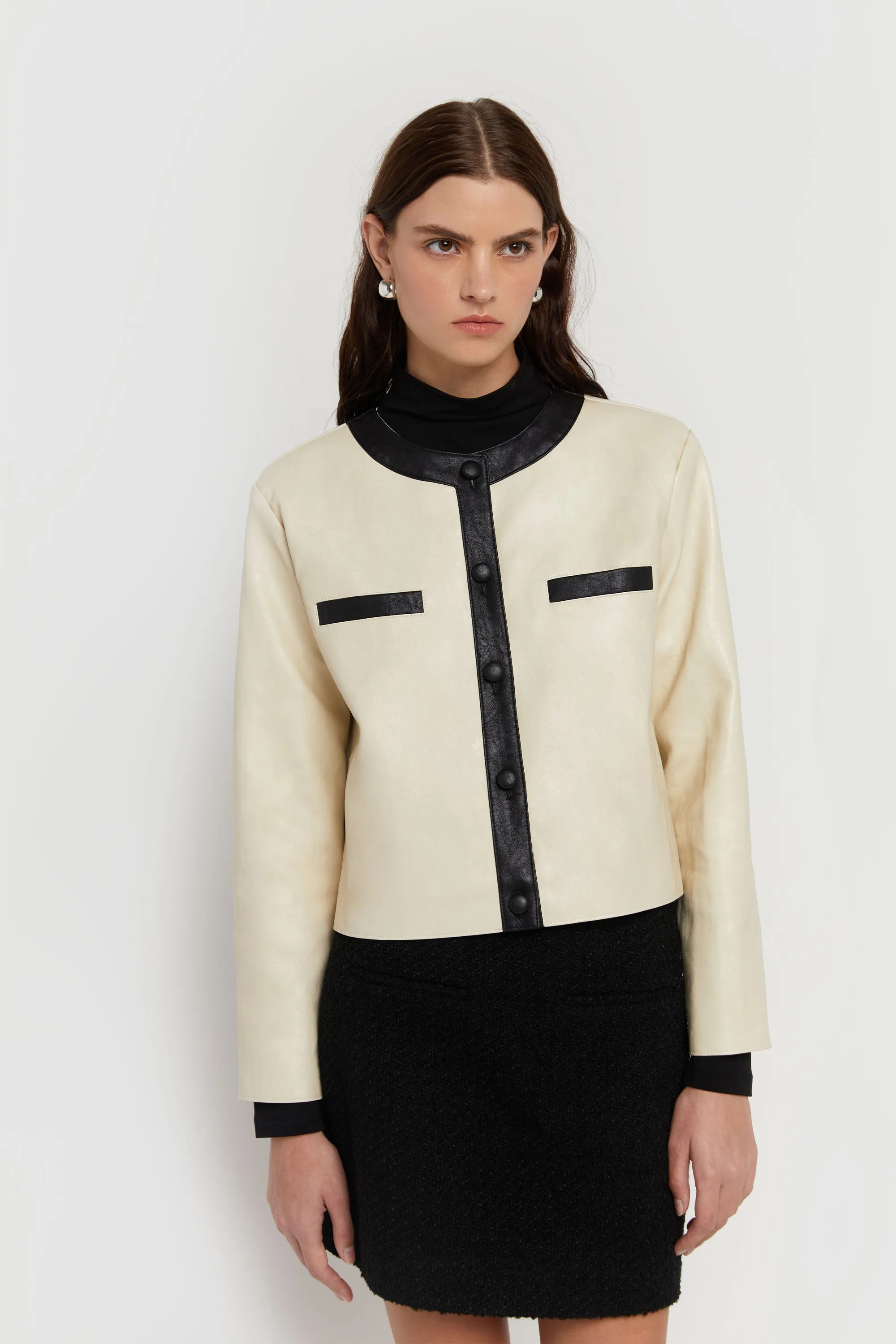 CONTRAST TRIM VEGAN LEATHER JACKET