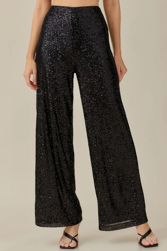 Dominique Wide Leg Sequin Pants - Black