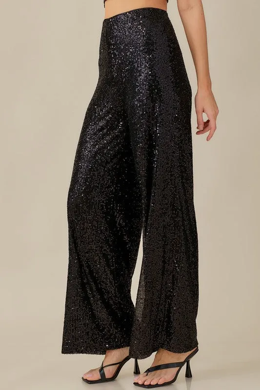 Dominique Wide Leg Sequin Pants - Black