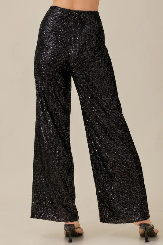 Dominique Wide Leg Sequin Pants - Black