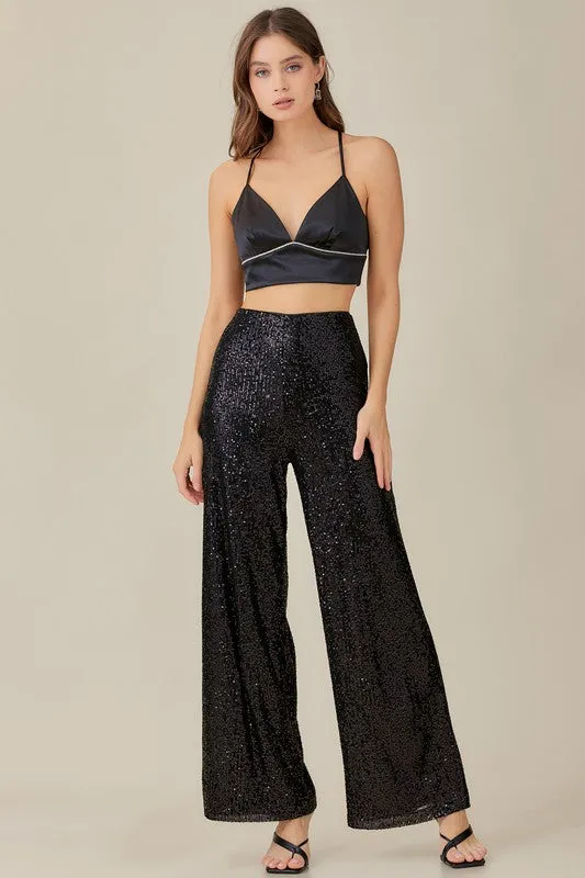 Dominique Wide Leg Sequin Pants - Black