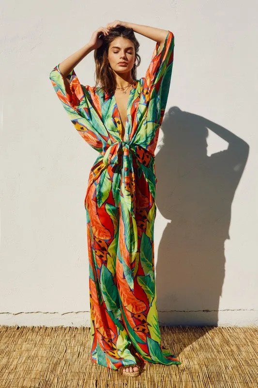 Drusilla Tropical Print Kimono & Wide Leg Pants Set - Green Tropical