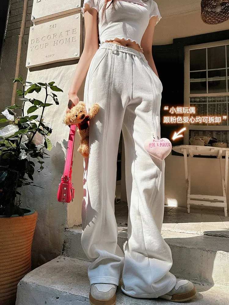 Earth Store white age-reducing bear casual suit women's slim short-sleeved T-shirt + loose wide-leg pants two-piece set