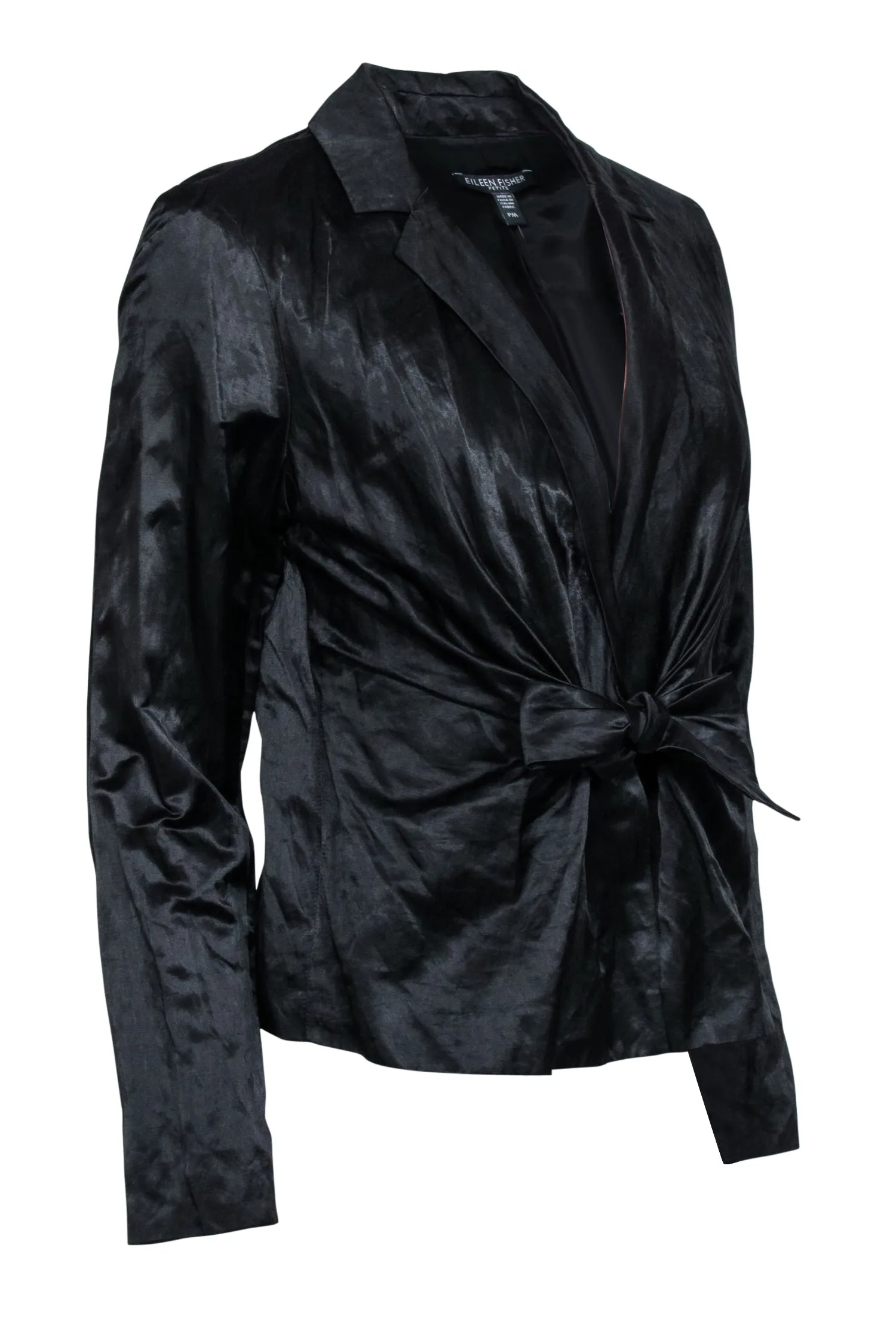 Eileen Fisher - Black Satin Cotton Blend Jacket w/ Tie Waist Sz PM