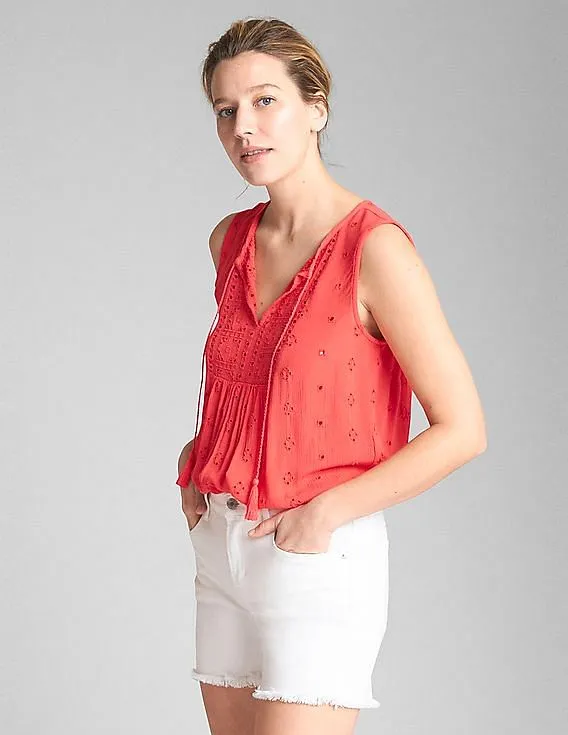 GAP Women Pink Sleeveless Eyelet Smock Top