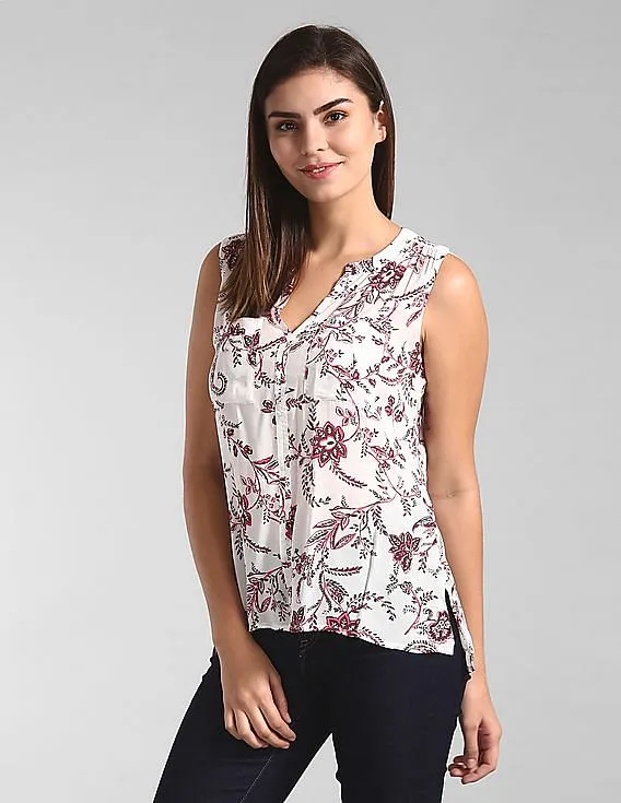 GAP Women White Floral Print Sleeveless Utility Top