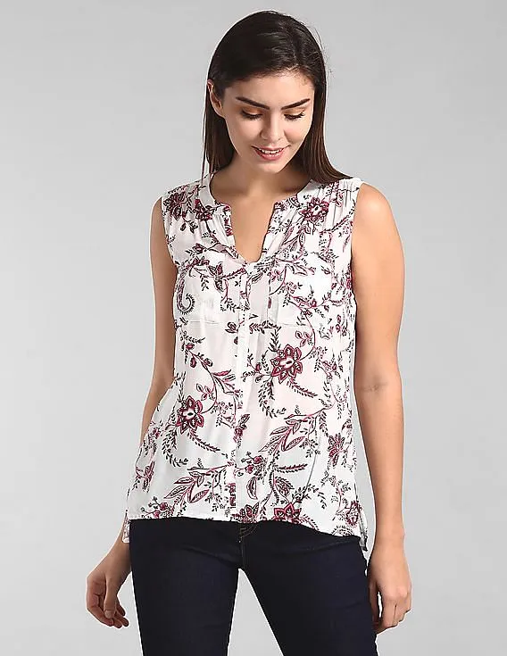 GAP Women White Floral Print Sleeveless Utility Top