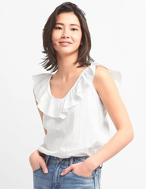 GAP Women White Sleeveless Ruffle V-Neck Top