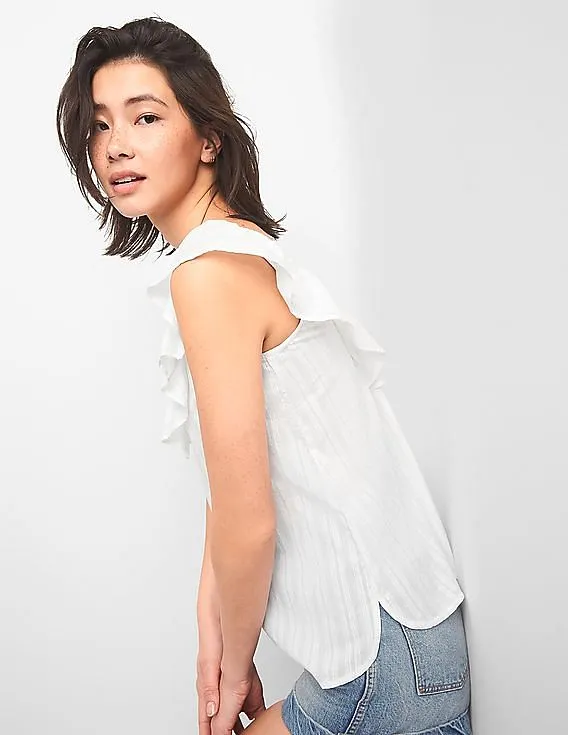 GAP Women White Sleeveless Ruffle V-Neck Top