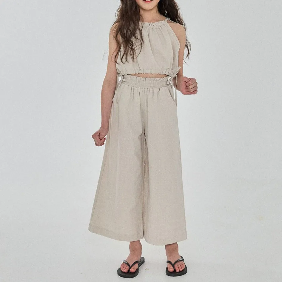 Girls Linen Balloon Halter Top and Wide Pants Set  (3-6y) - Beige