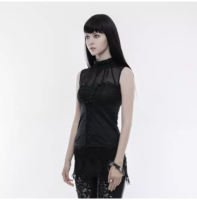 Gothic Black Sheer Part Floral Decorated Sleeveless Top For Women