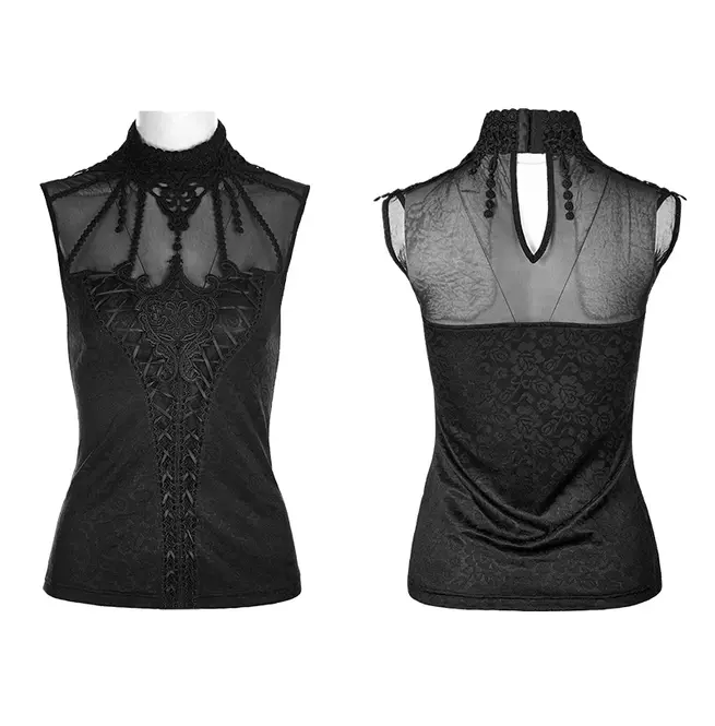 Gothic Black Sheer Part Floral Decorated Sleeveless Top For Women