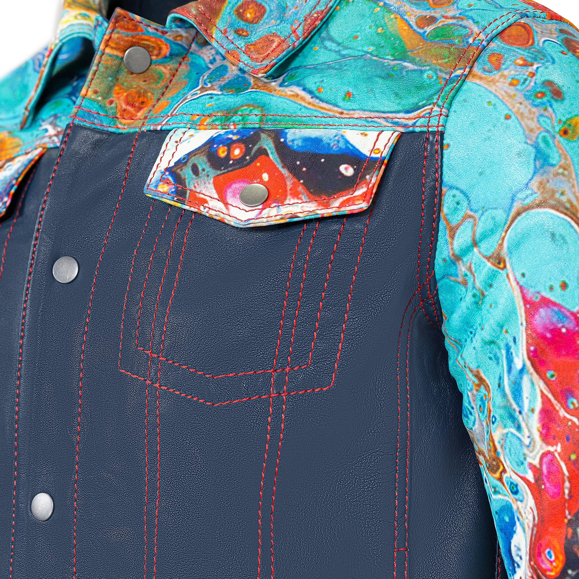 Jean style digital print leather jacket #3670