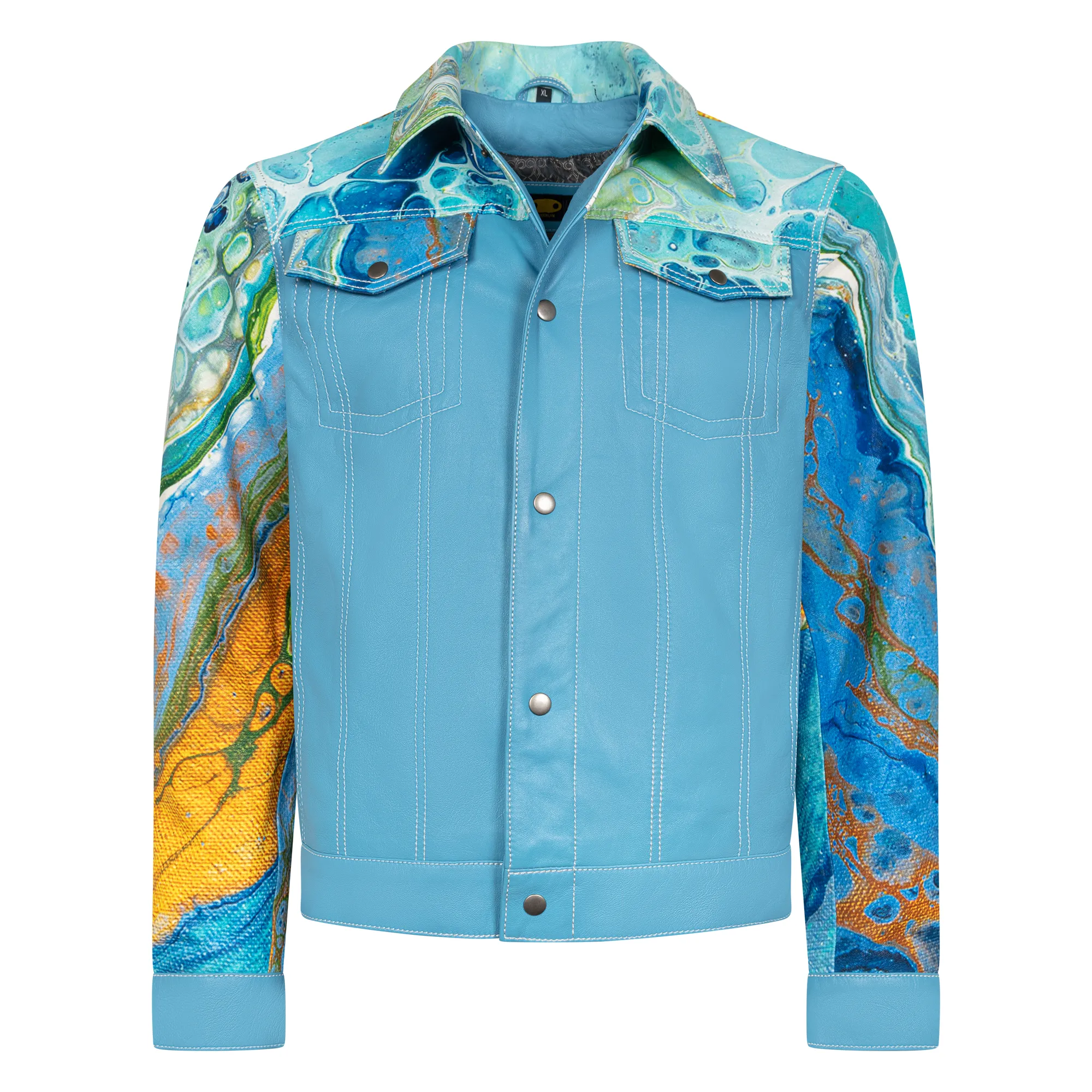 Jean style digital print leather jacket #3670