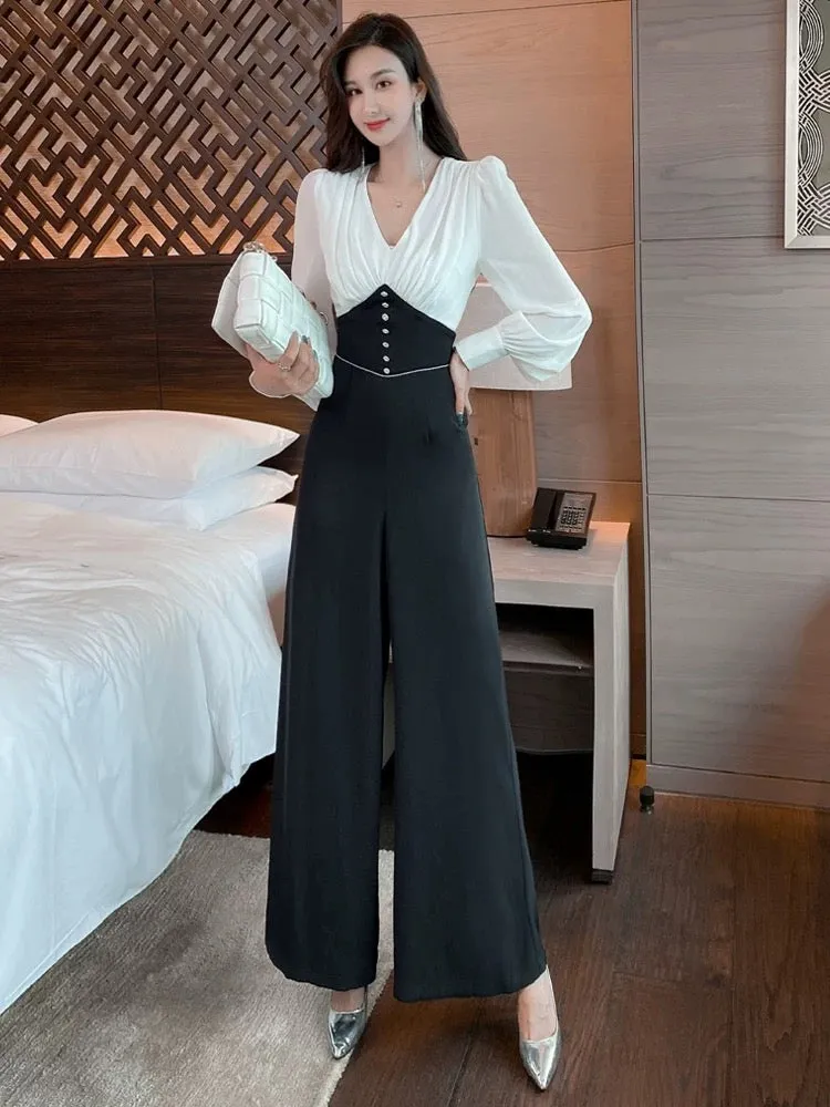 Jumpsuit women's 2023 autumn new style celebrity temperament black and white stitching V-neck waist slimming loose wide leg pant