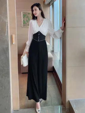 Jumpsuit women's 2023 autumn new style celebrity temperament black and white stitching V-neck waist slimming loose wide leg pant