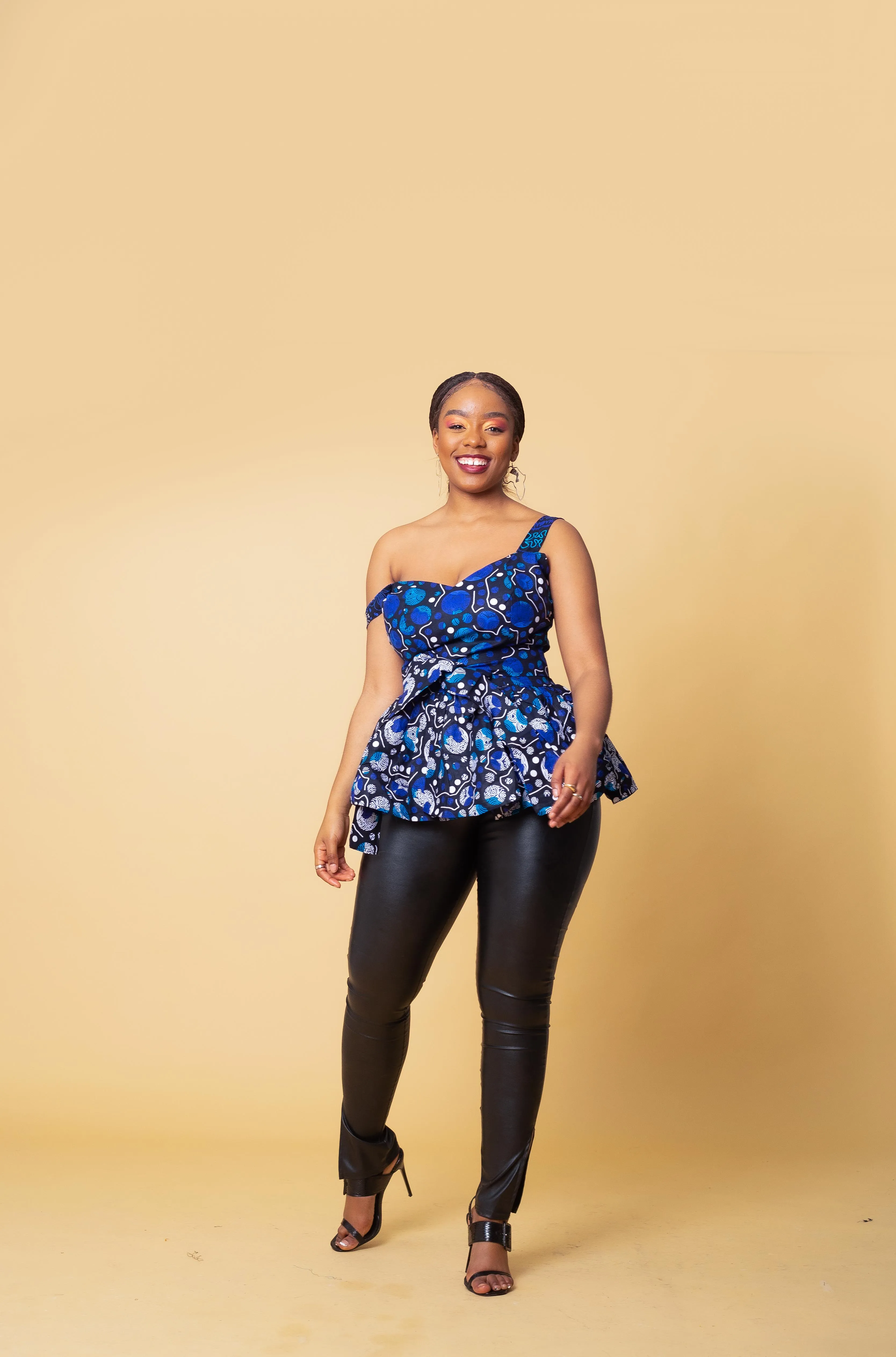 Melany Ankara Sleeveless Peplum Top | Blue and White African Print