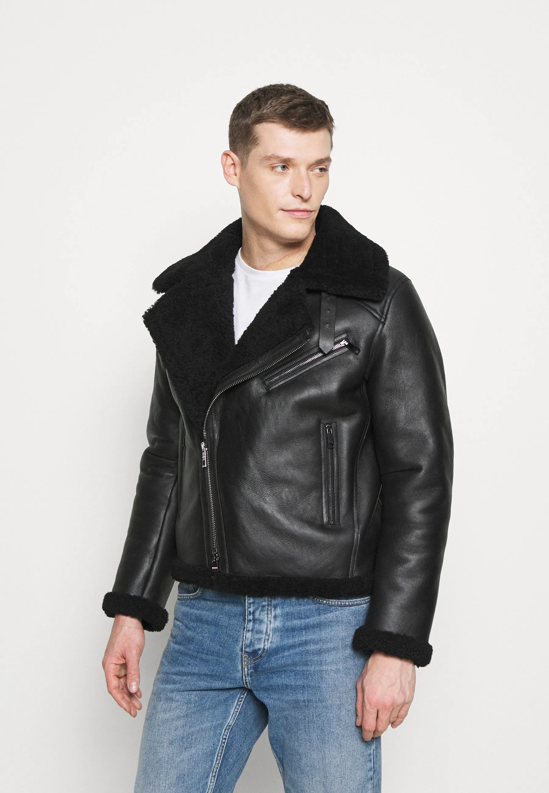 Men's Biker Black Leather Shearling Jacket