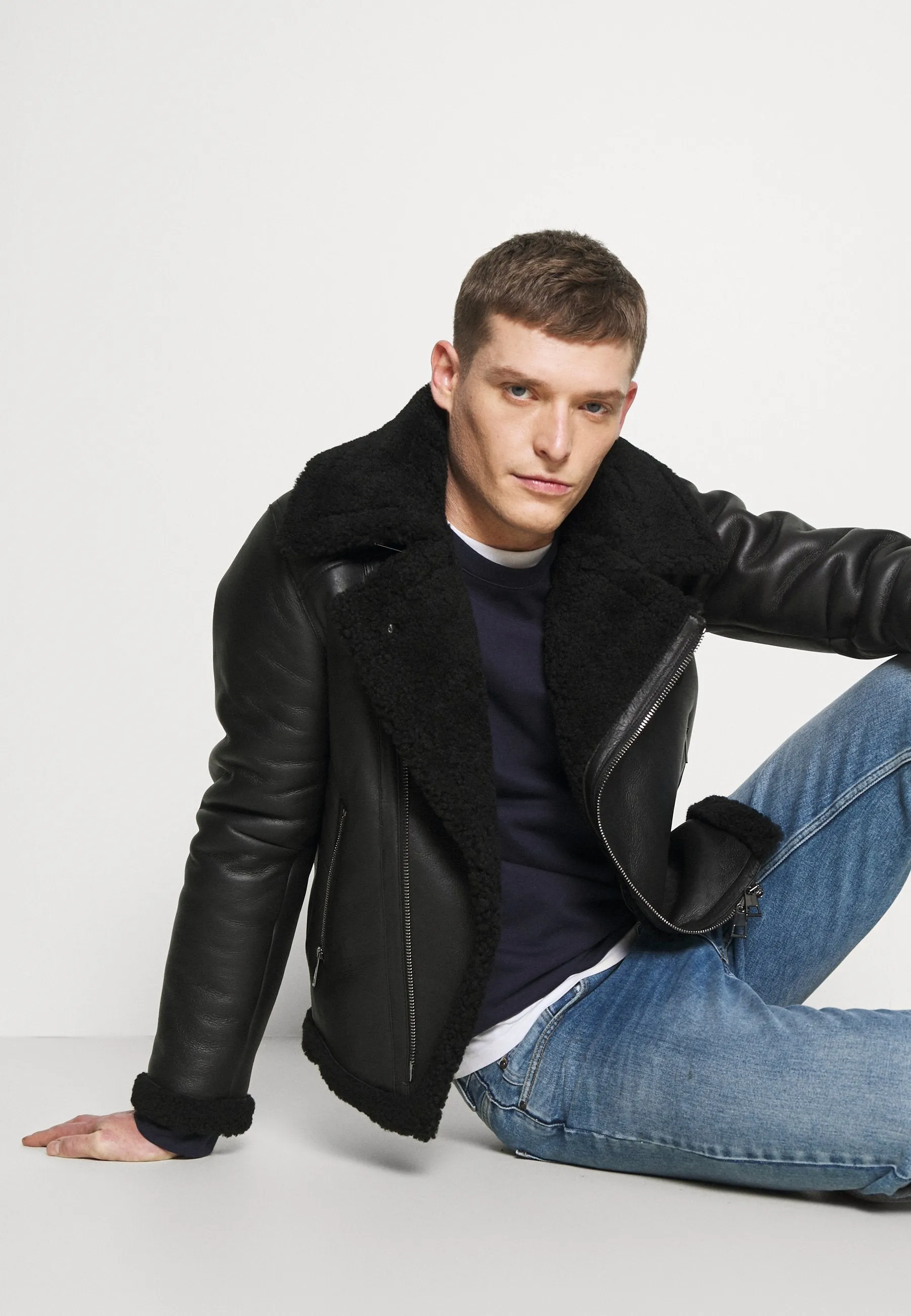 Men's Biker Black Leather Shearling Jacket