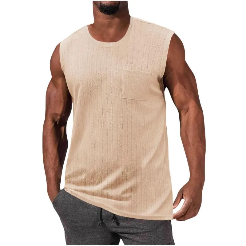 Men's Knitted Vertical Striped Chest Pocket Sleeveless Tank Top 93872839Y