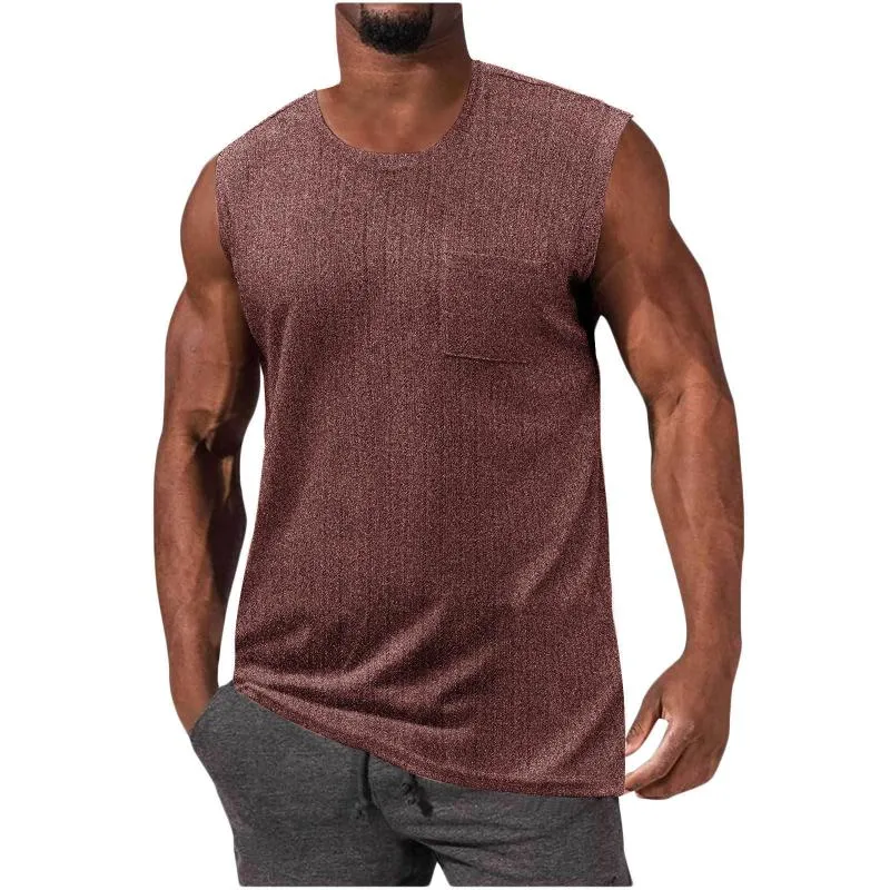 Men's Knitted Vertical Striped Chest Pocket Sleeveless Tank Top 93872839Y