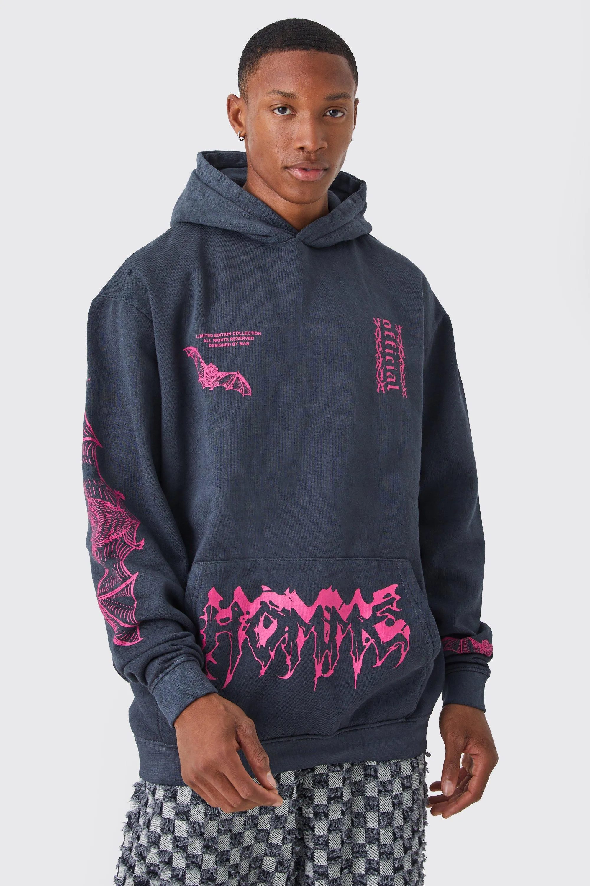 Oversized Acid Wash Multi Placement Hoodie | boohooMAN UK