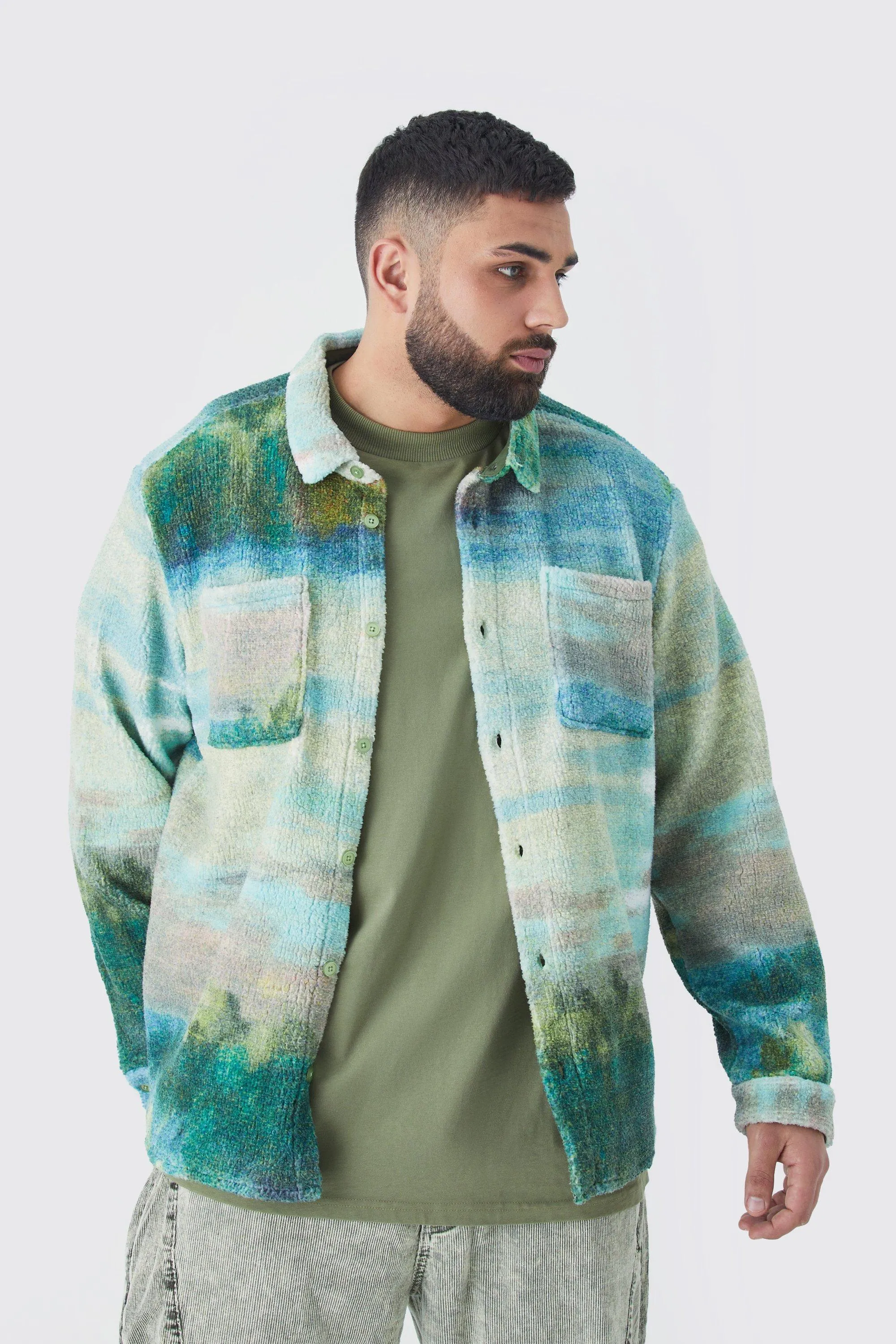 Plus Borg Watercolor Scenic Shirt Jacket