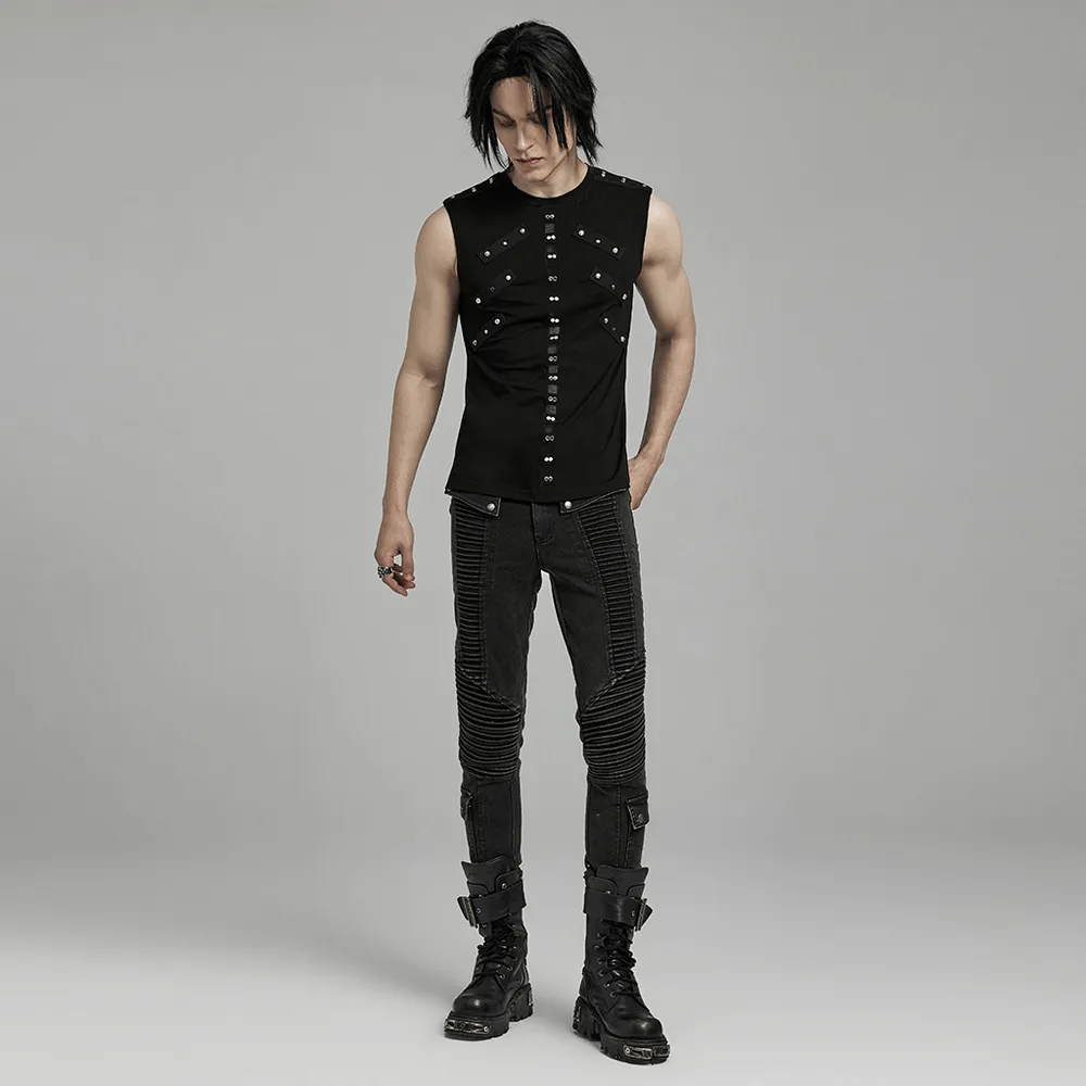 Punk Black Sleeveless Rock Top with Edgy Studs