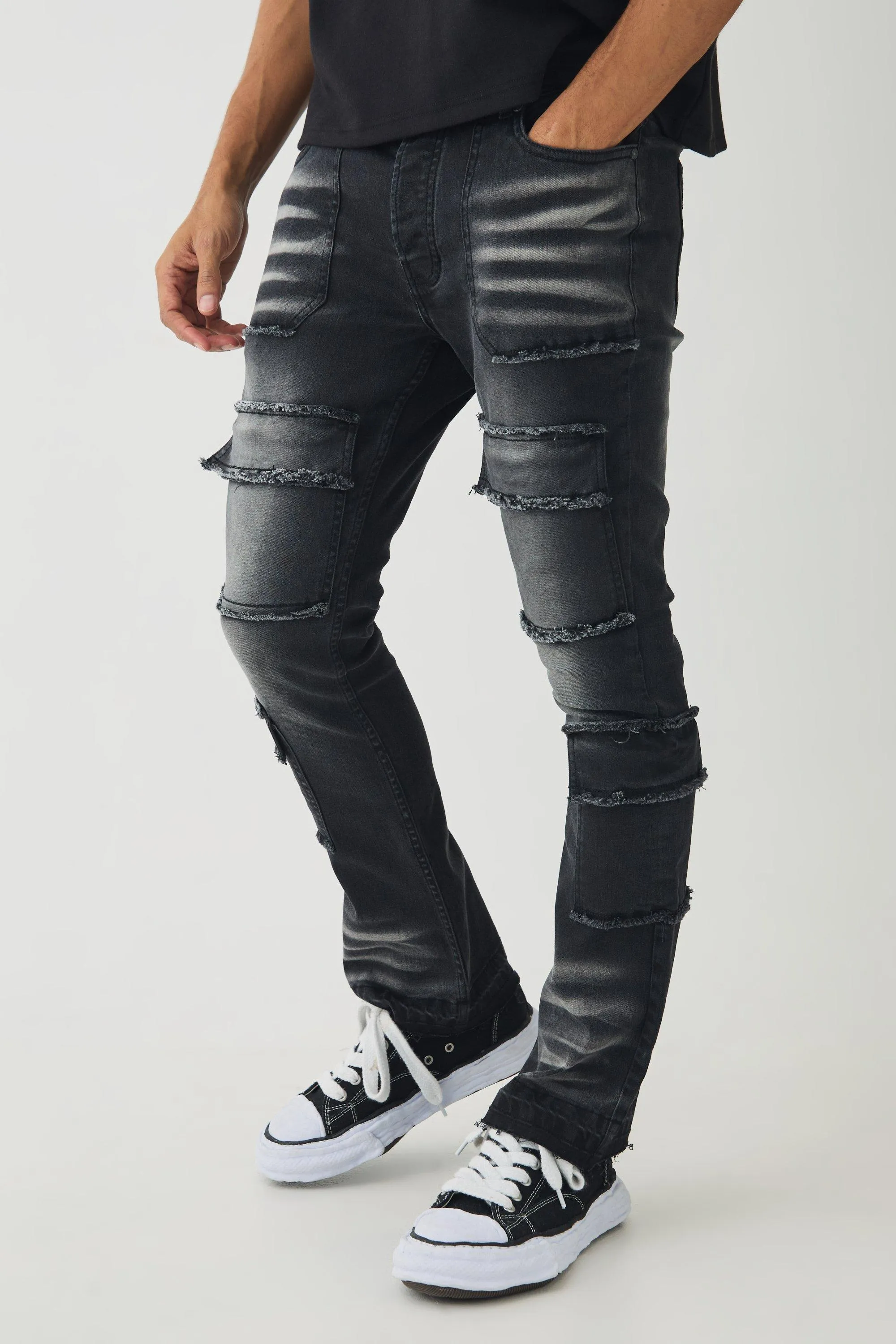 Raw Seam Detail Stretch Skinny Cargo Flared Jeans