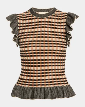 Rea Ruffled Sleeveless Check Knit Top