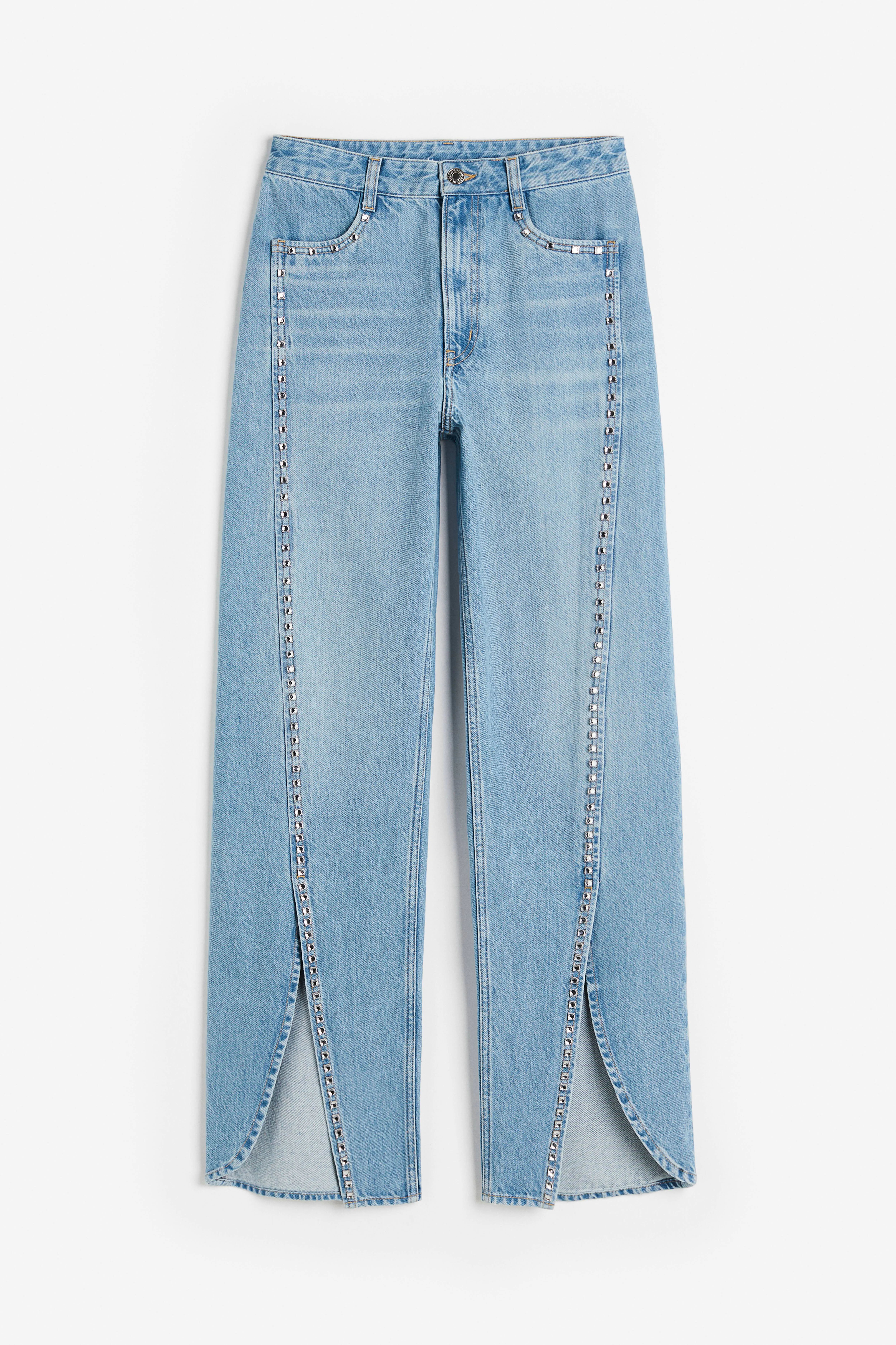 Rhinestone-embellished slit-hem jeans - Regular waist - Long - Denim blue - Ladies | H&M GB