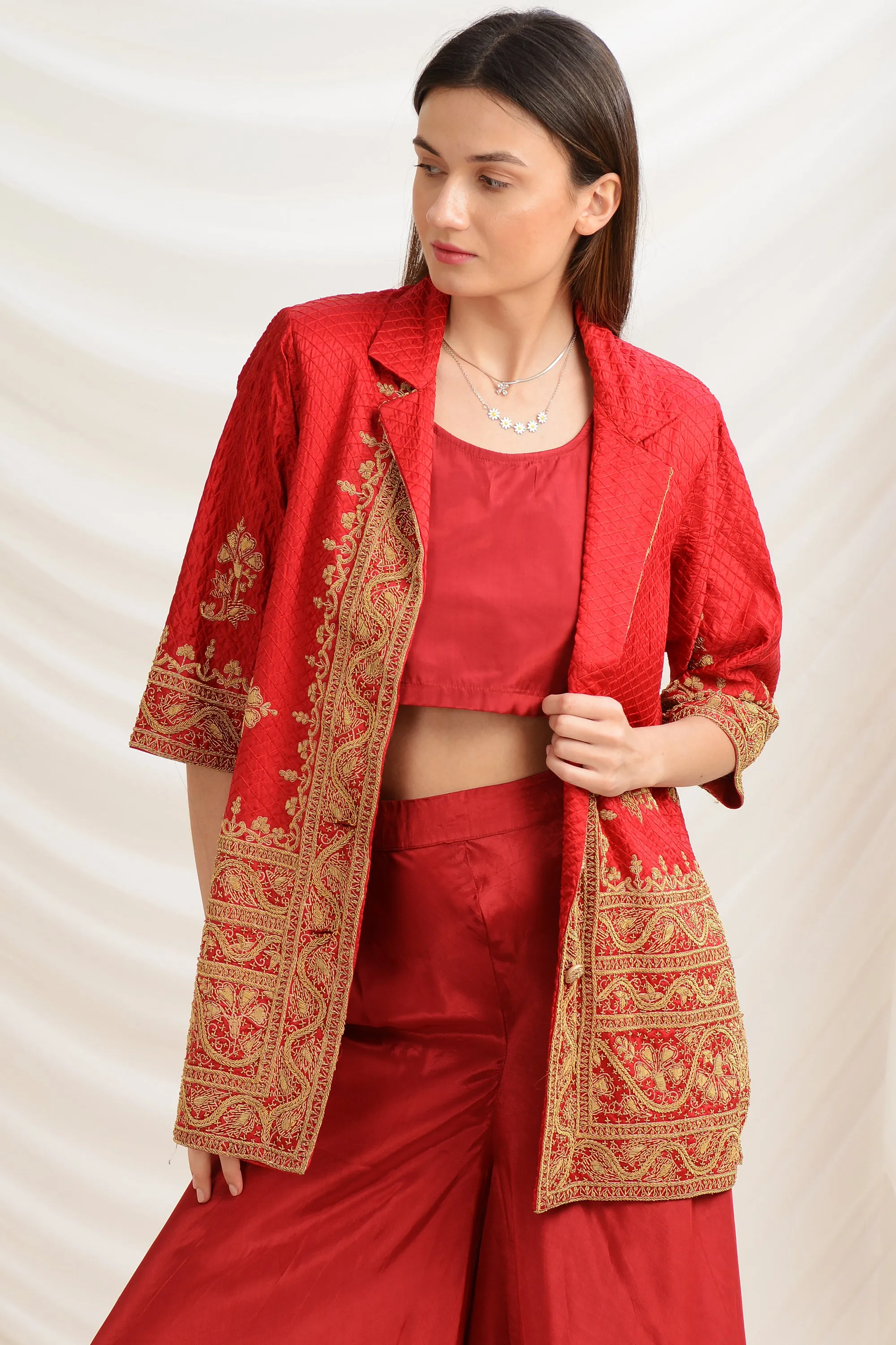 Sanskriti Vintage Straight Fit Jacket Satin Silk Zardozi, Upcycled Free Size