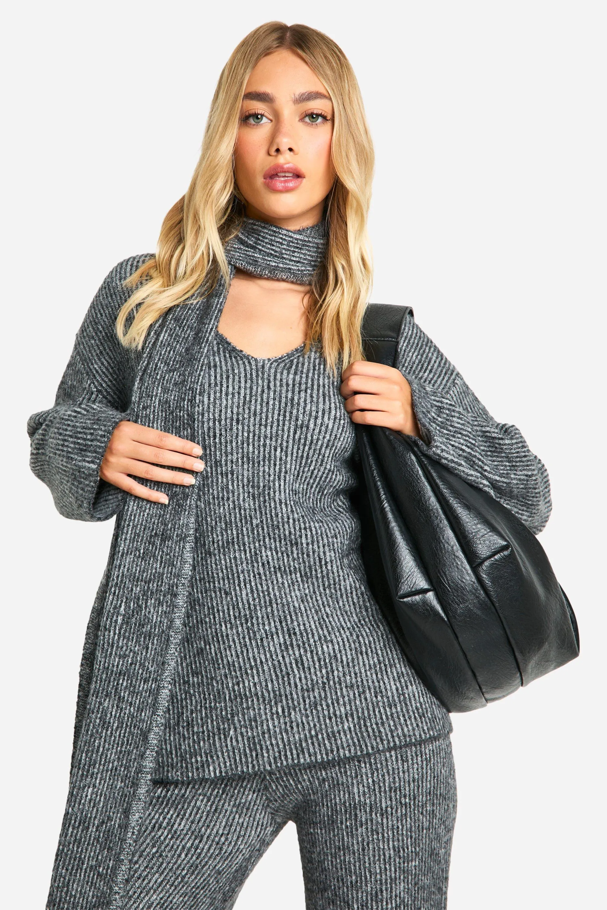 Stitch Detail V Neck Oversized Knitted Jumper And Scarf