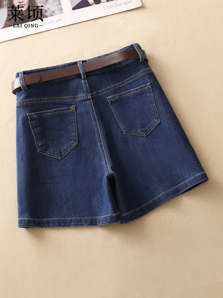 Summer denim shorts for women 2024 new thin style high-waist fashion A-line pants versatile slimming temperament wide-leg hot pa