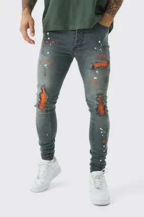 Super Skinny Stretch Biker Rip & Repair Paint Splat Jeans