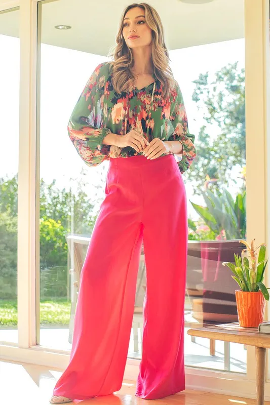 Sybil Satin Cowl Neck Top And Wide Leg Pants Set - Pink