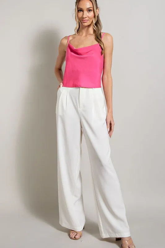 Sybil Satin Cowl Neck Top And Wide Leg Pants Set - Pink